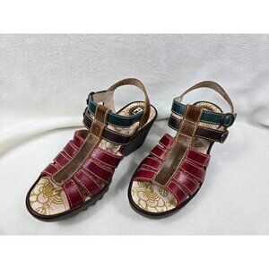 Fly London Womens Size 40 8.5 Multicolor Leather Wedge Sandals